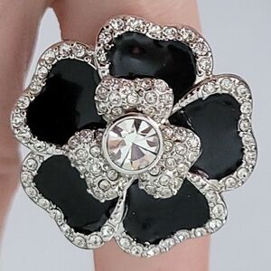 Lia Sophia Black Flower Cocktail Ring with Clear Crystals